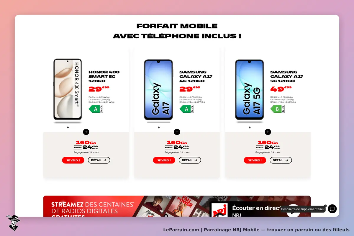 NRJ Mobile : page d'accueil avec forfaits mobiles et téléphones affichés