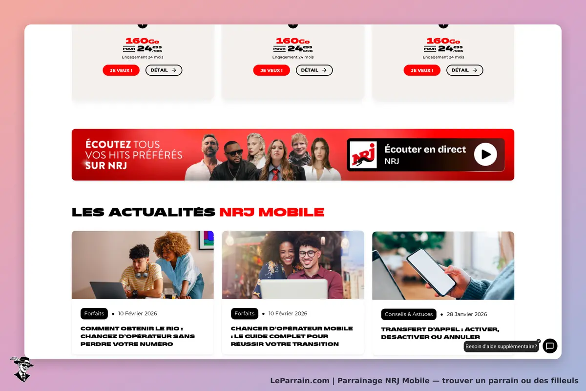 NRJ Mobile : page d'accueil avec offres, bandeau musical et actualités en bas de page