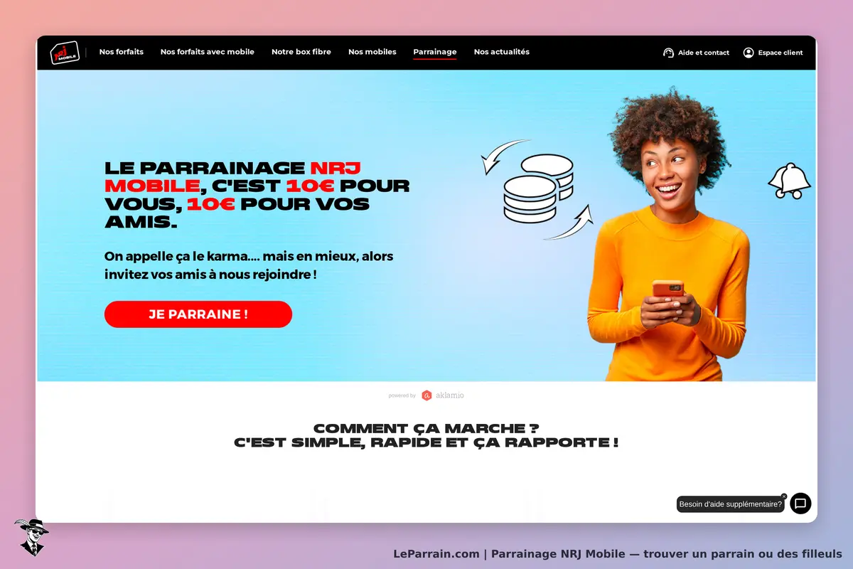 NRJ Mobile : page de parrainage avec une femme souriante tenant un téléphone, texte explicatif