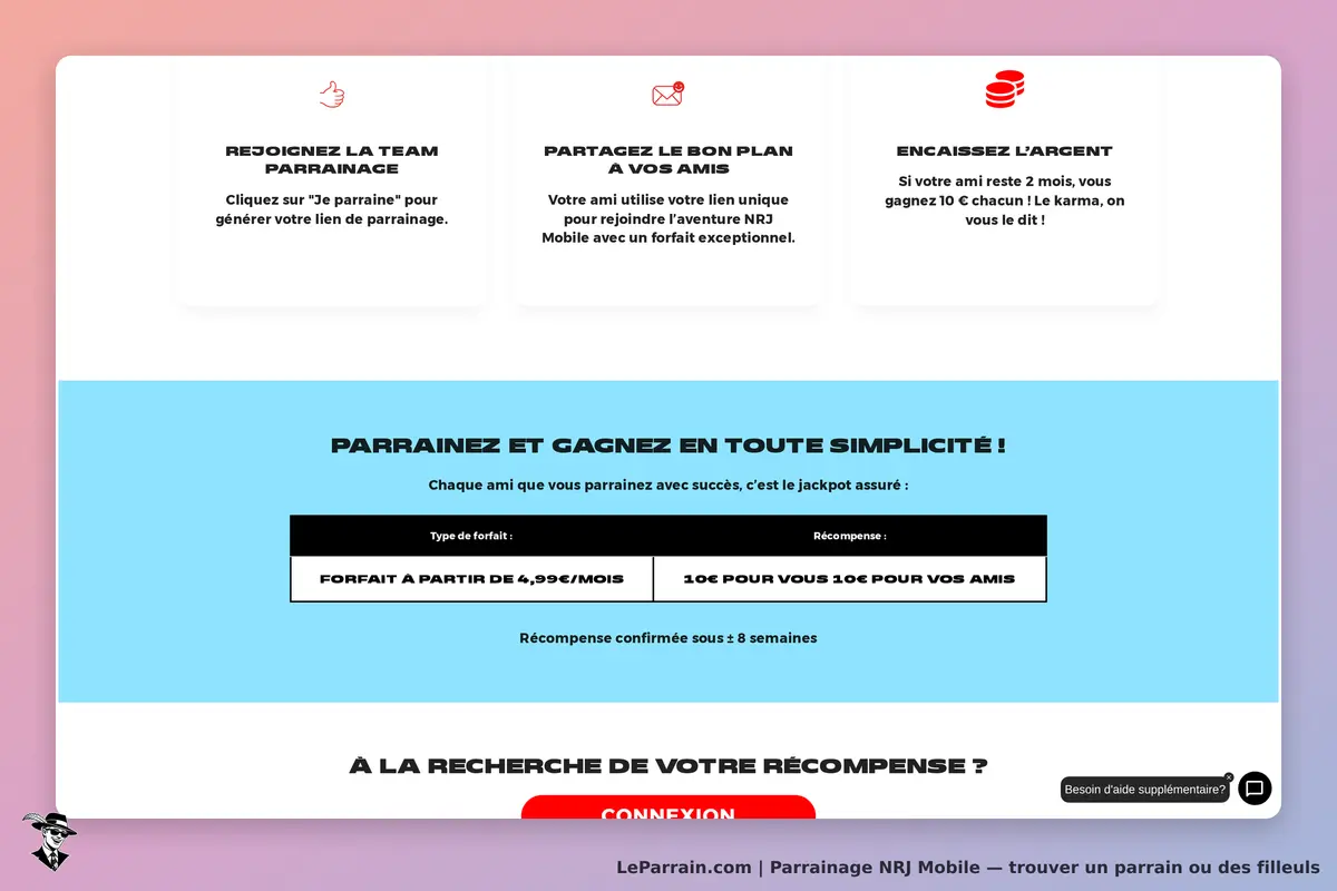 NRJ Mobile : section de parrainage avec informations sur les récompenses et formulaire