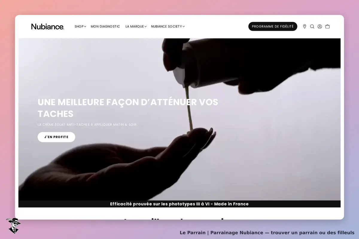 Nubiance : page d'accueil présentant une crème anti-taches avec des mains et un flacon