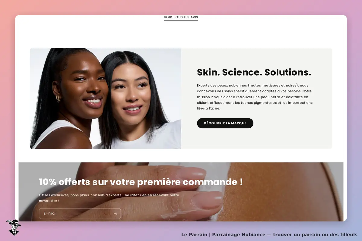 Nubiance : deux femmes souriantes, texte sur les soins pour peaux nubiennes et formulaire