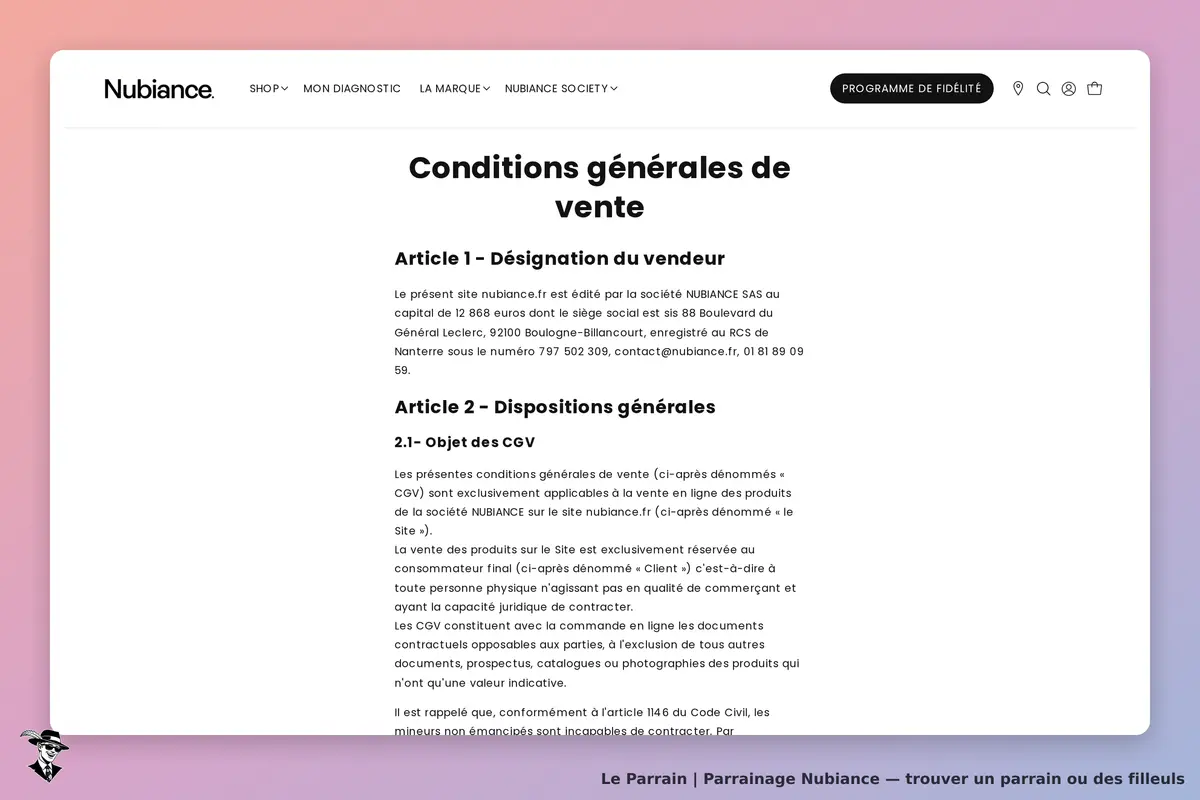 Nubiance : conditions générales de vente affichées sur la page du site