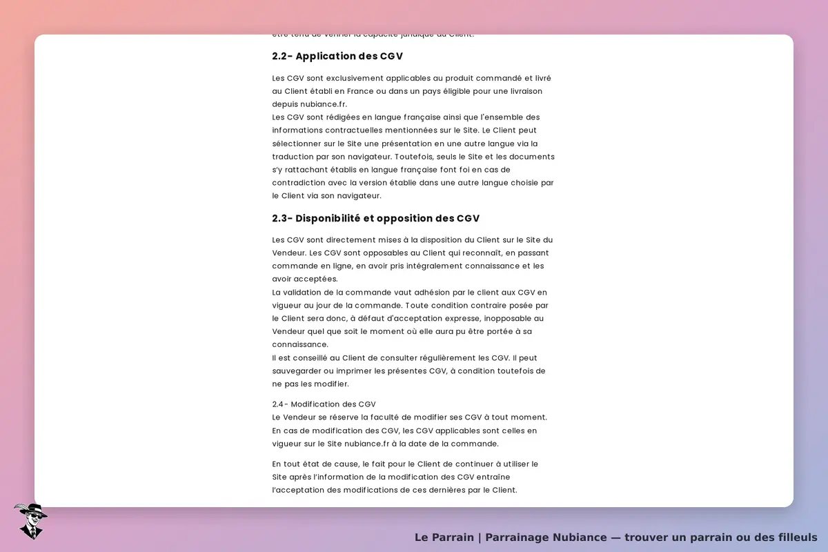 Nubiance : texte des conditions générales de vente sur fond dégradé. Logo en bas à gauche