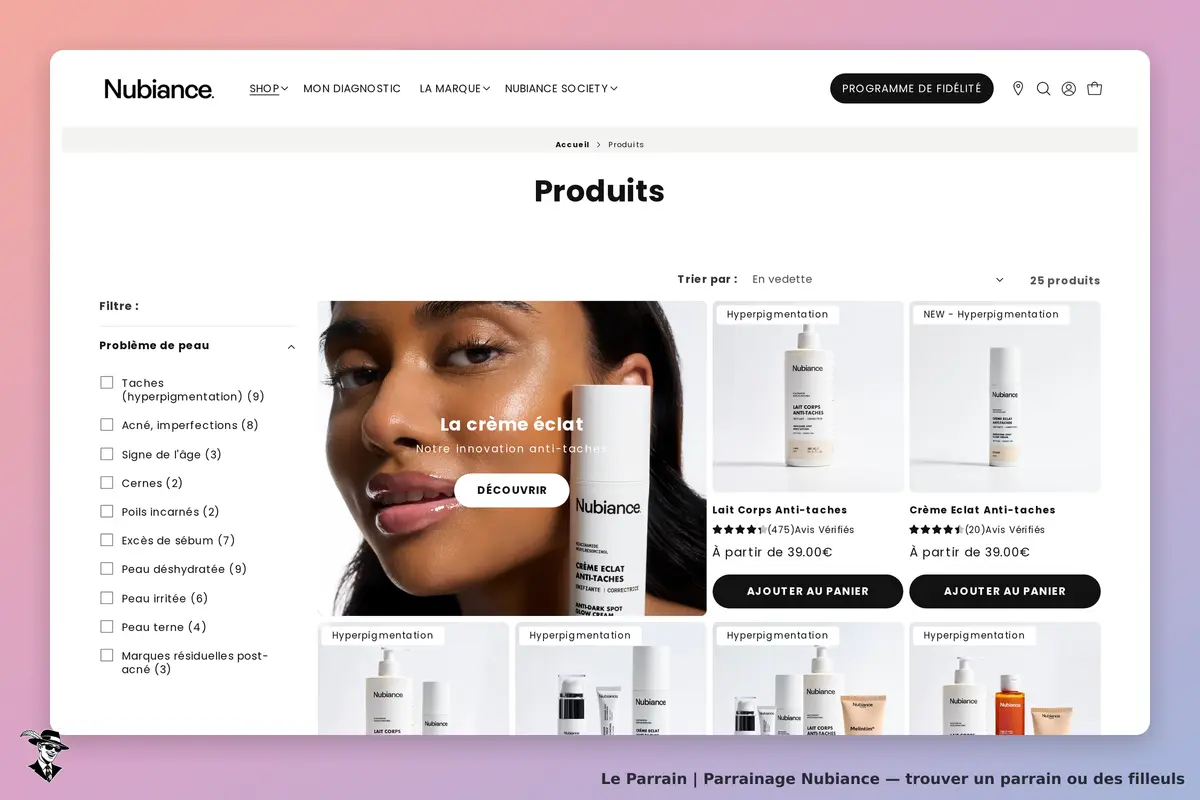 Nubiance : page de produits avec filtres et affichage de soins pour la peau contre