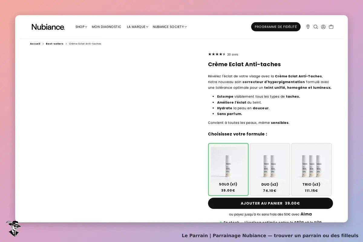 Nubiance : page produit pour la Crème Éclat Anti-taches avec options de formule