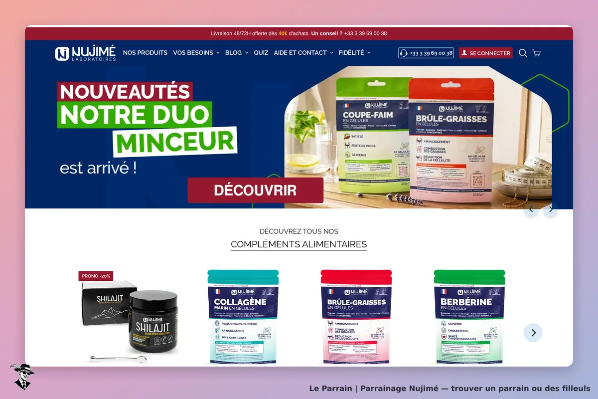 Nujimé : page d'accueil présentant des produits et un message sur un duo minceur