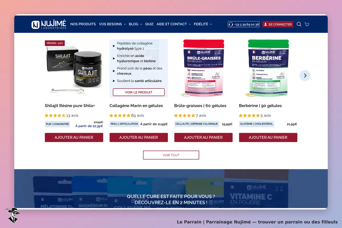 Nujimé : produits affichés avec descriptions, avis et options d'ajout au panier
