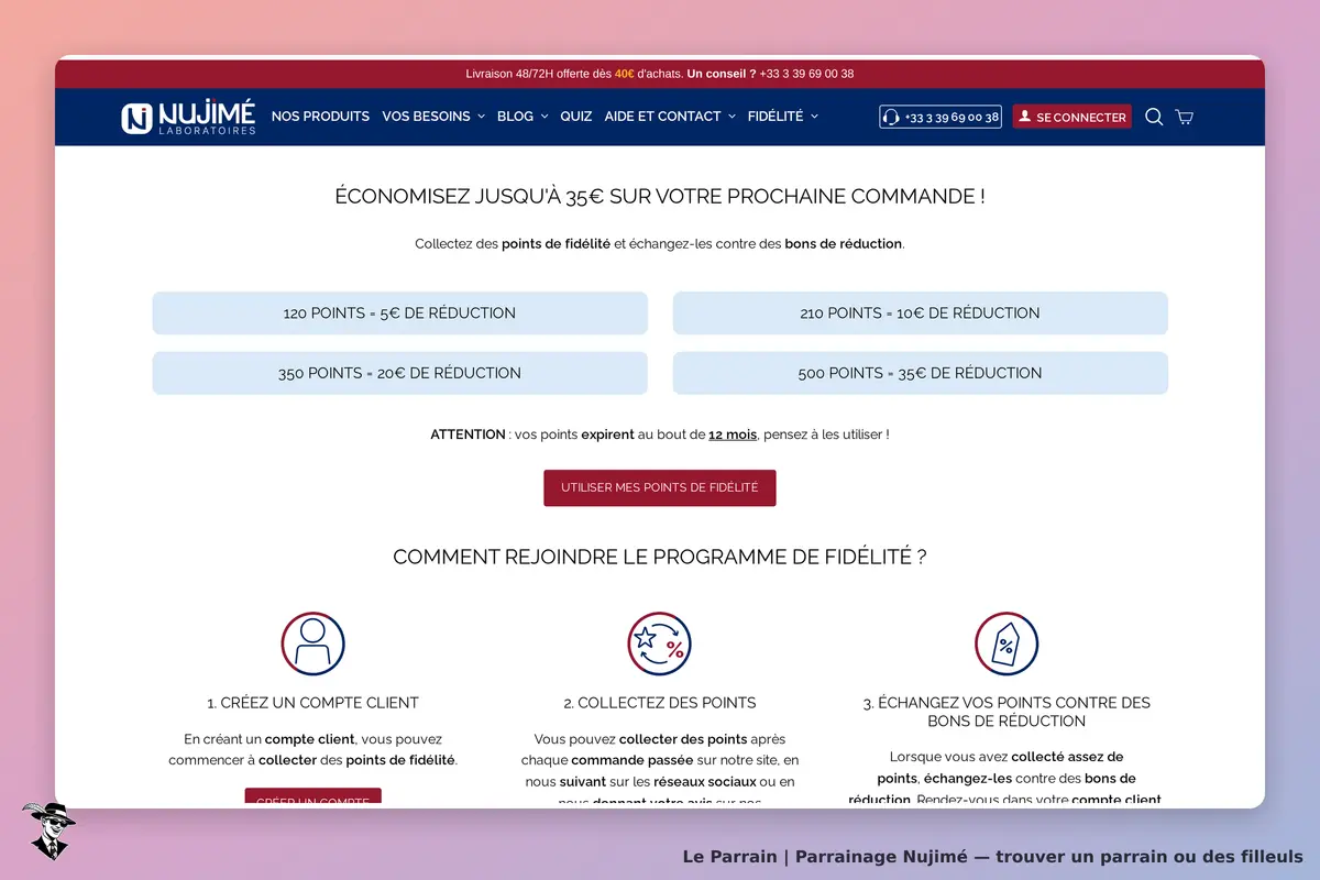 Nujimé : page d'accueil avec programme de fidélité et étapes pour collecter des points