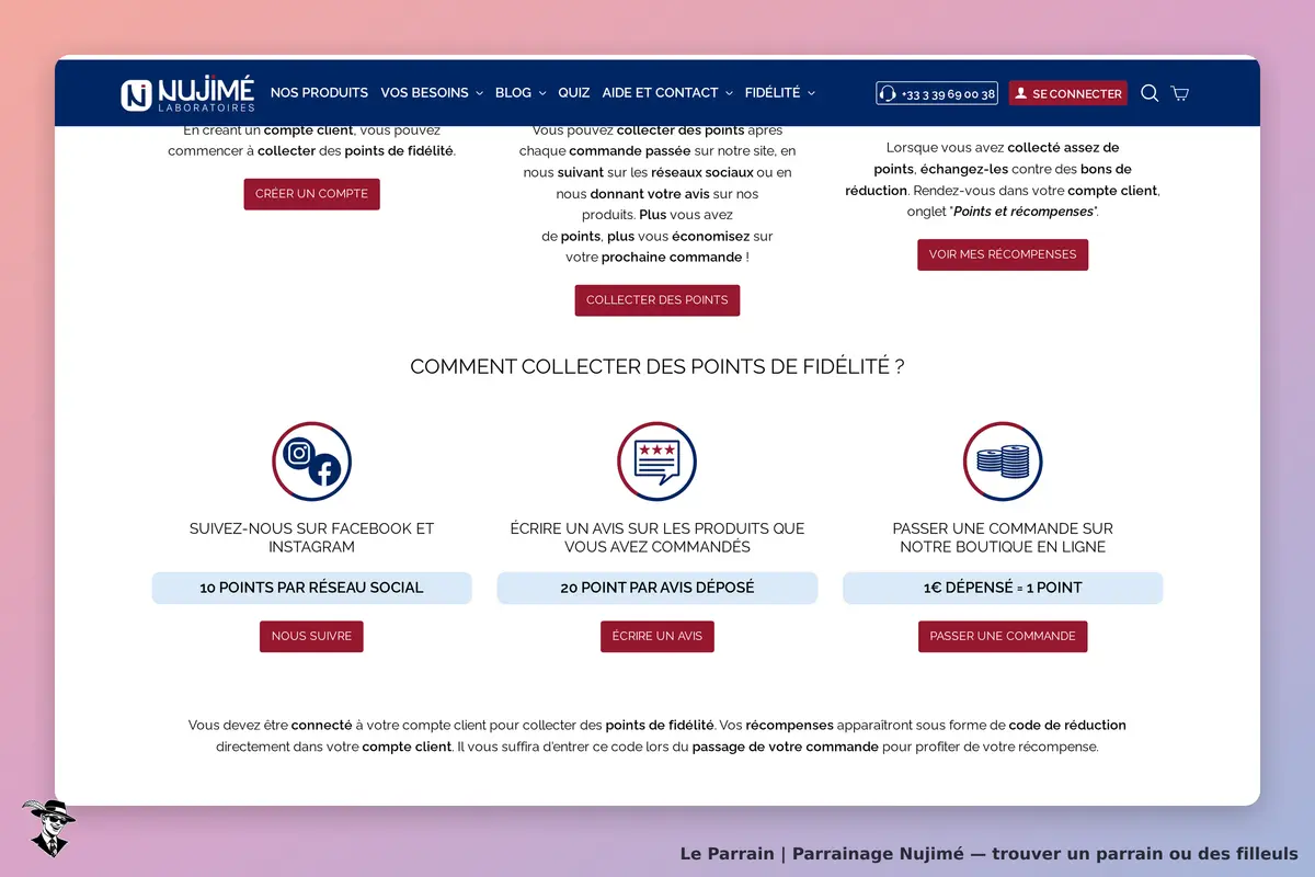 Nujimé : section sur la collecte de points de fidélité avec options et réseaux sociaux