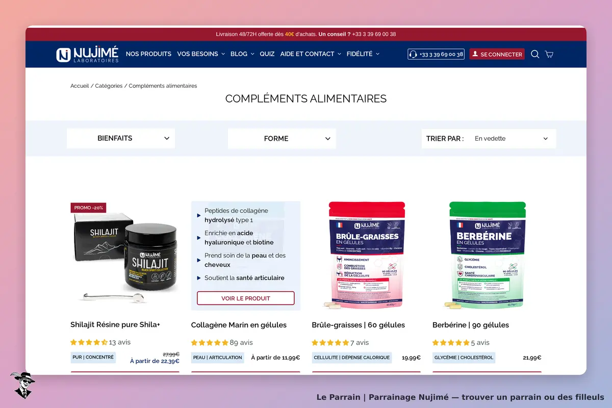Nujimé : page de catégorie avec des compléments alimentaires et leurs descriptions