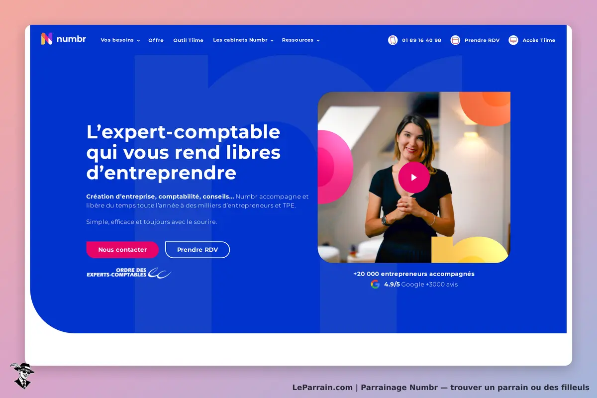 Numbr : page d'accueil présentant un expert-comptable et un bouton vidéo à visionner