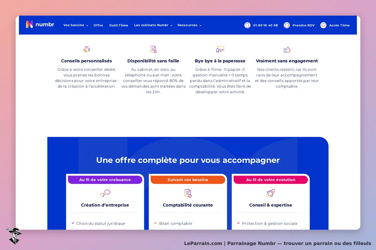 Numbr : page d'accueil présentant des services de conseil et d'accompagnement pour entreprises