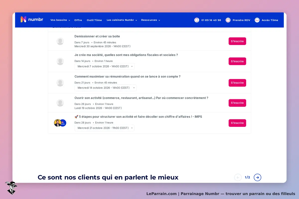 Numbr : liste d'événements à venir avec options d'inscription sur fond dégradé