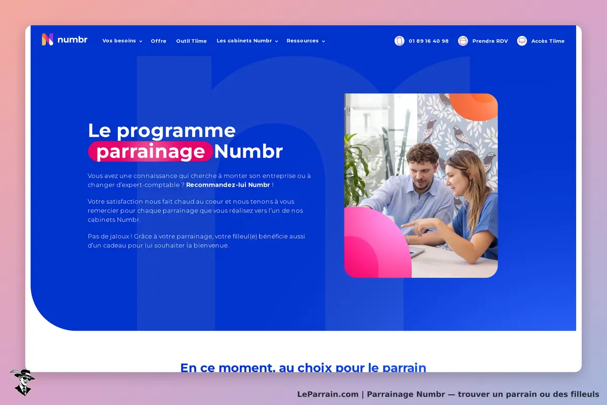 Numbr : page d'accueil présentant le programme de parrainage avec des illustrations et du texte