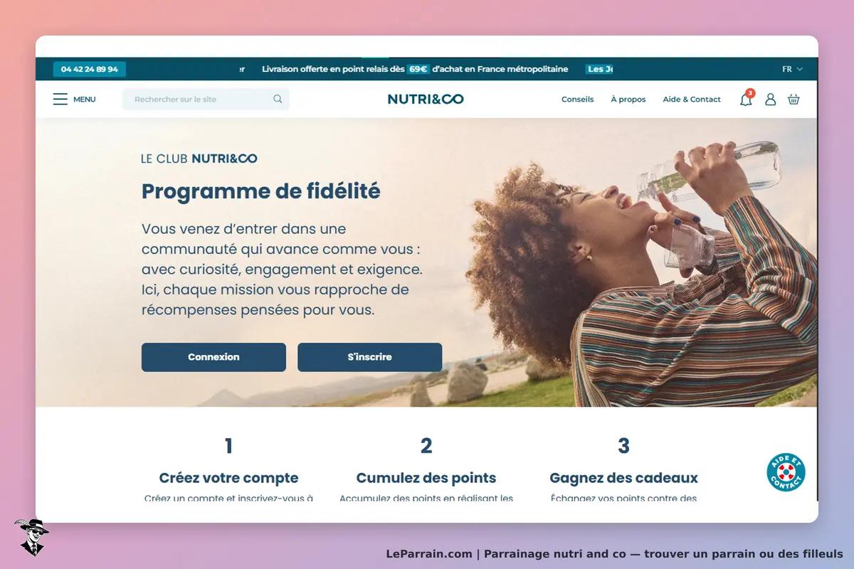 nutri and co : nUTRI&CO : page d'accueil présentant le programme de fidélité avec une femme buvant
