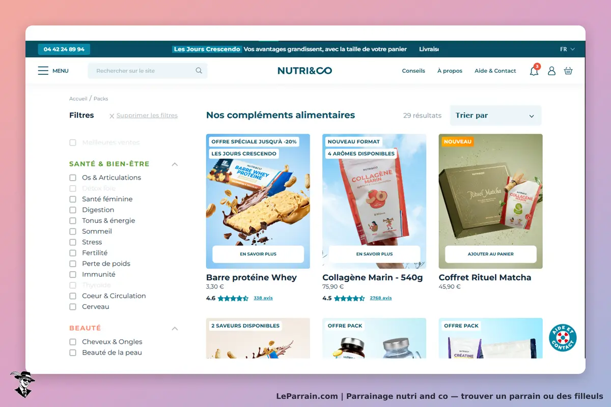 nutri and co : nutri&Co : page d'accueil affichant des compléments alimentaires et des catégories