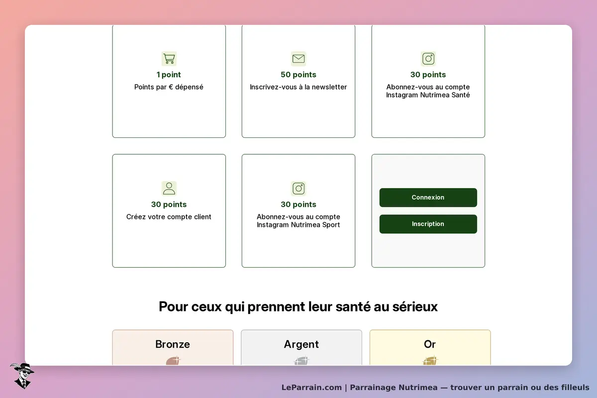 Nutrimea : options de parrainage et boutons de connexion sur fond coloré