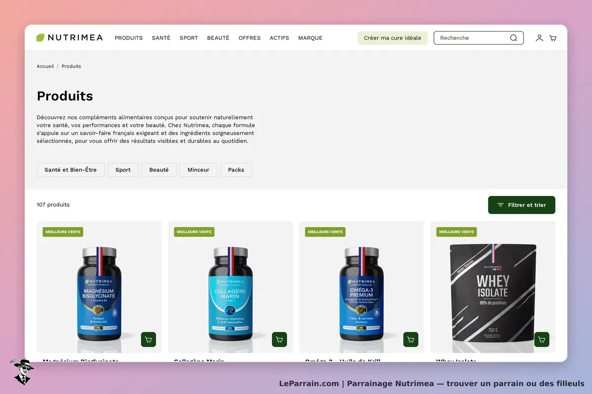 Nutrimea : page des produits avec plusieurs compléments alimentaires affichés