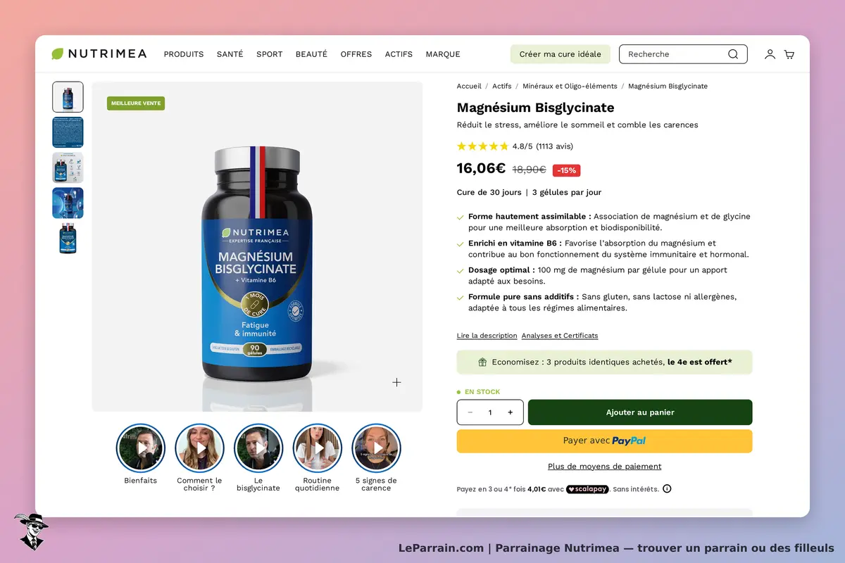 NUTRIMEA : produit Magnésium Bisglycinate affiché avec informations et options d'achat