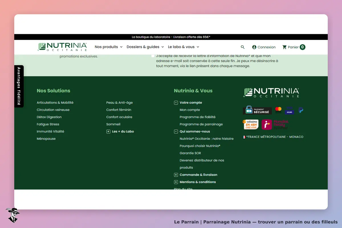 Nutrinia : menu de navigation avec solutions et informations sur le programme de fidélité
