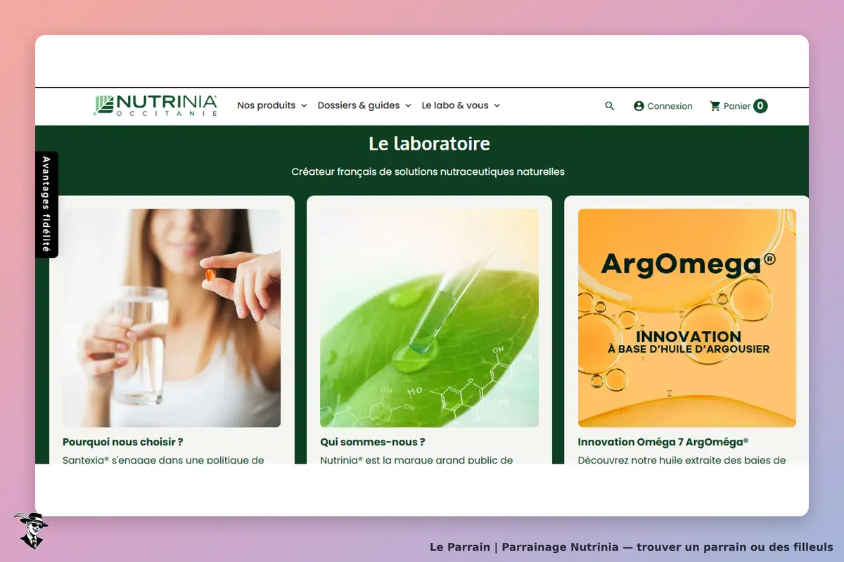 Nutrinia : page d'accueil avec des sections sur les produits et le laboratoire