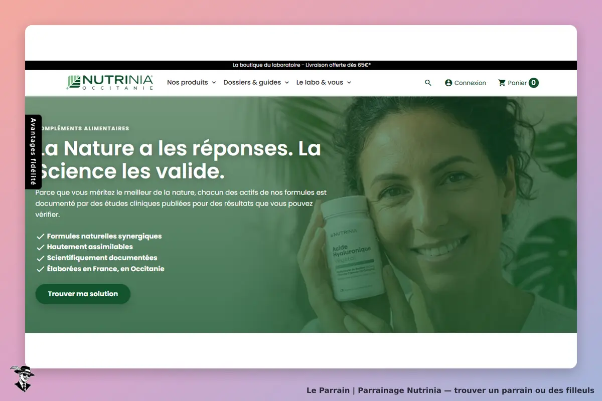 Nutrinia : page d'accueil avec une femme tenant un produit et des informations sur les formules