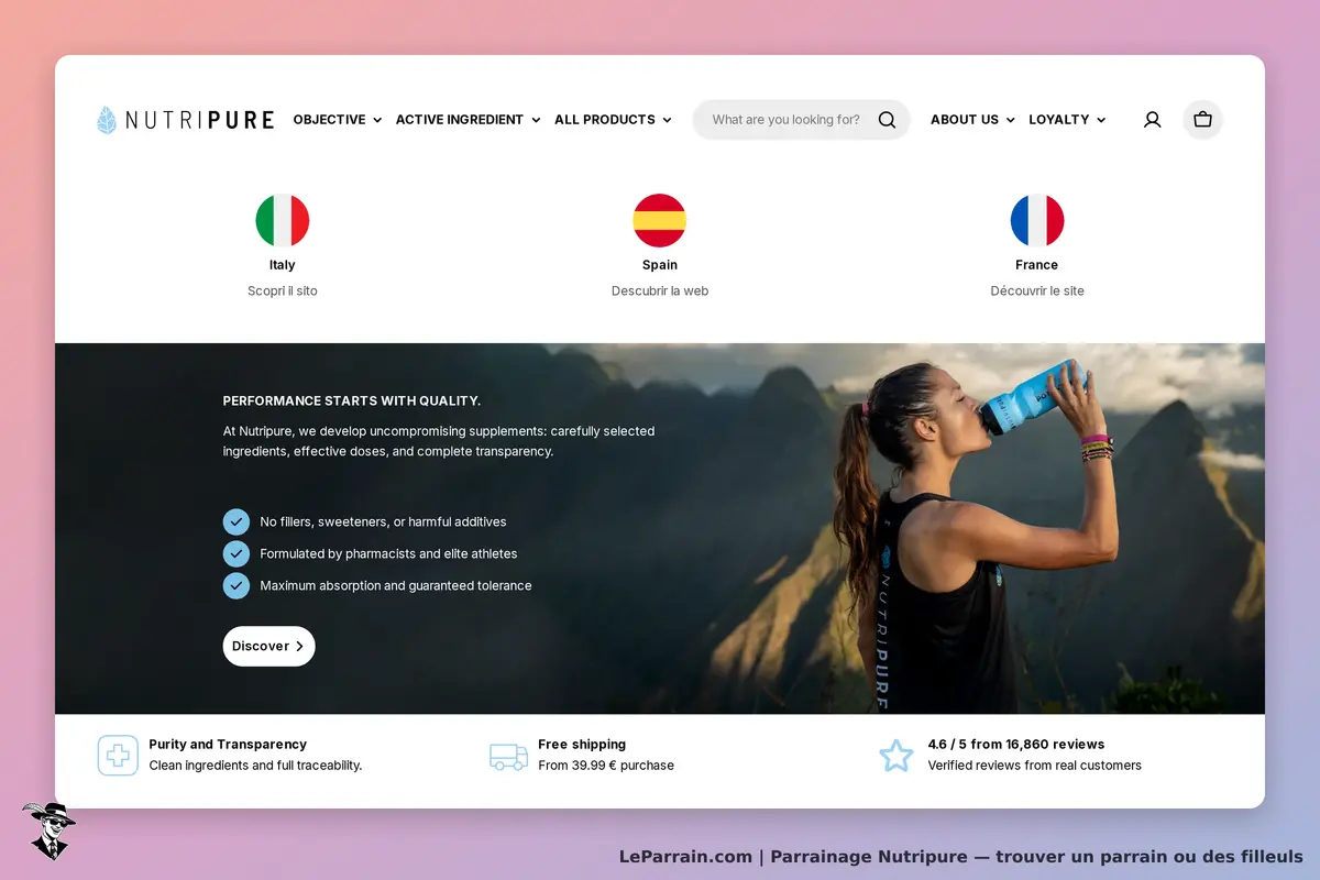 Nutripure : page d'accueil avec femme buvant dans une bouteille, montagnes en arrière-plan