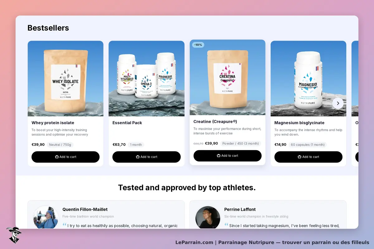 Nutripure : section « Bestsellers » avec plusieurs produits et témoignages d'athlètes
