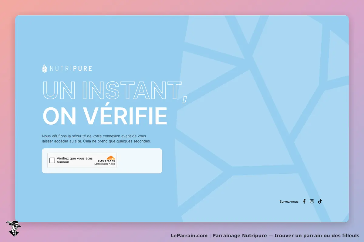 Nutripure : page de vérification de sécurité avant d'accéder au site, fond bleu clair