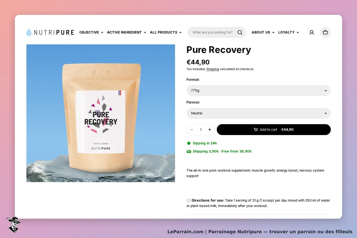 NUTRIPURE : produit "Pure Recovery" en sachet sur fond bleu avec détails à droite
