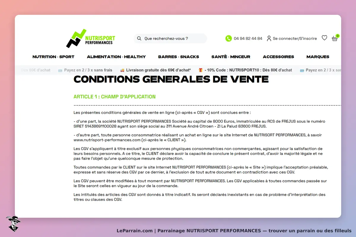 NUTRISPORT PERFORMANCES : conditions générales de vente affichées sur la page d'accueil