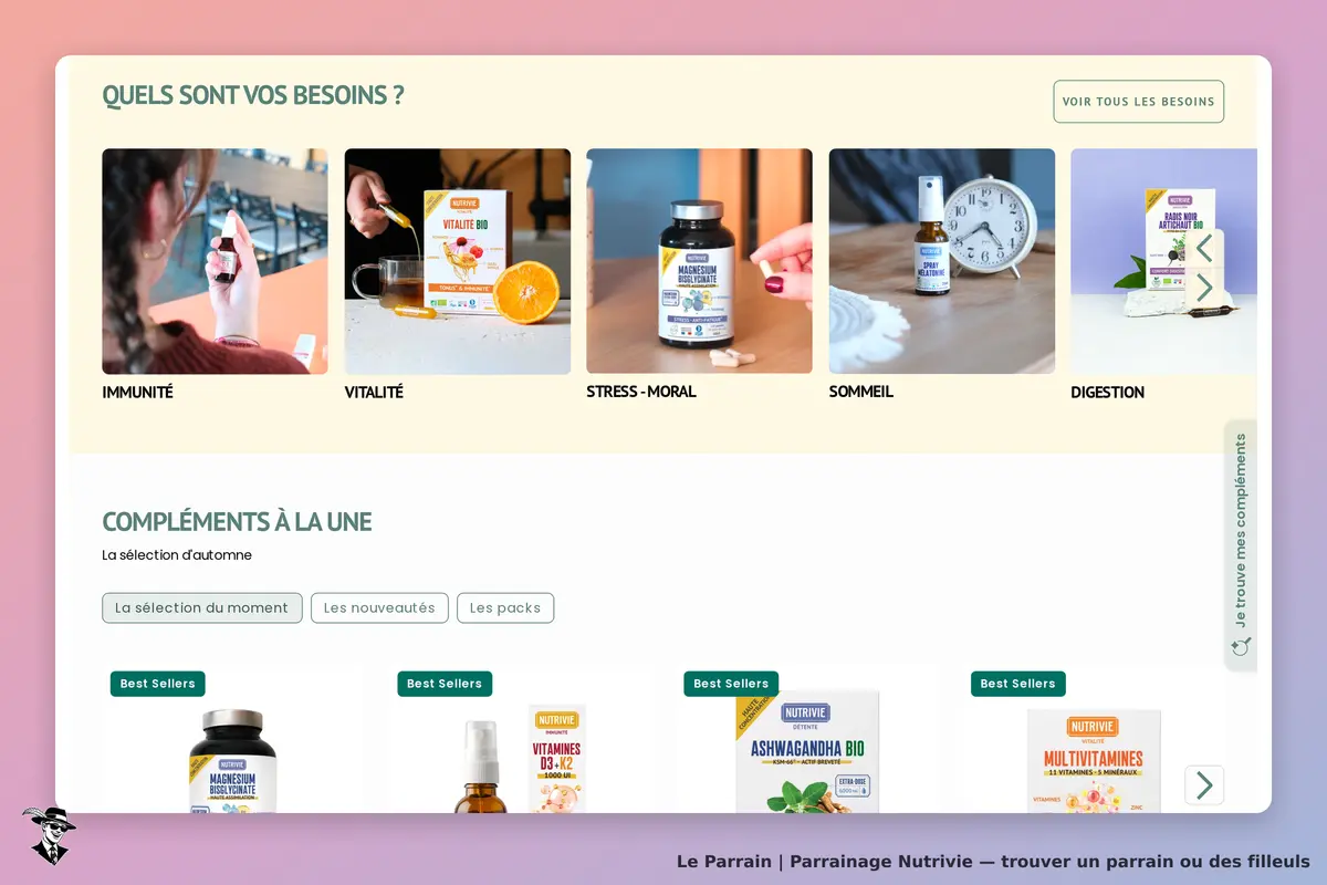 Nutrivie : page d'accueil avec catégories de besoins et produits de compléments alimentaires