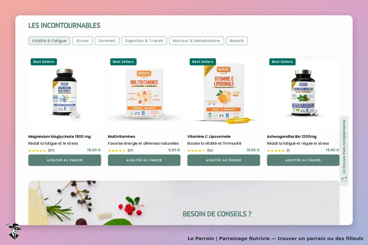 Nutrivie : section des incontournables avec divers produits de santé affichés