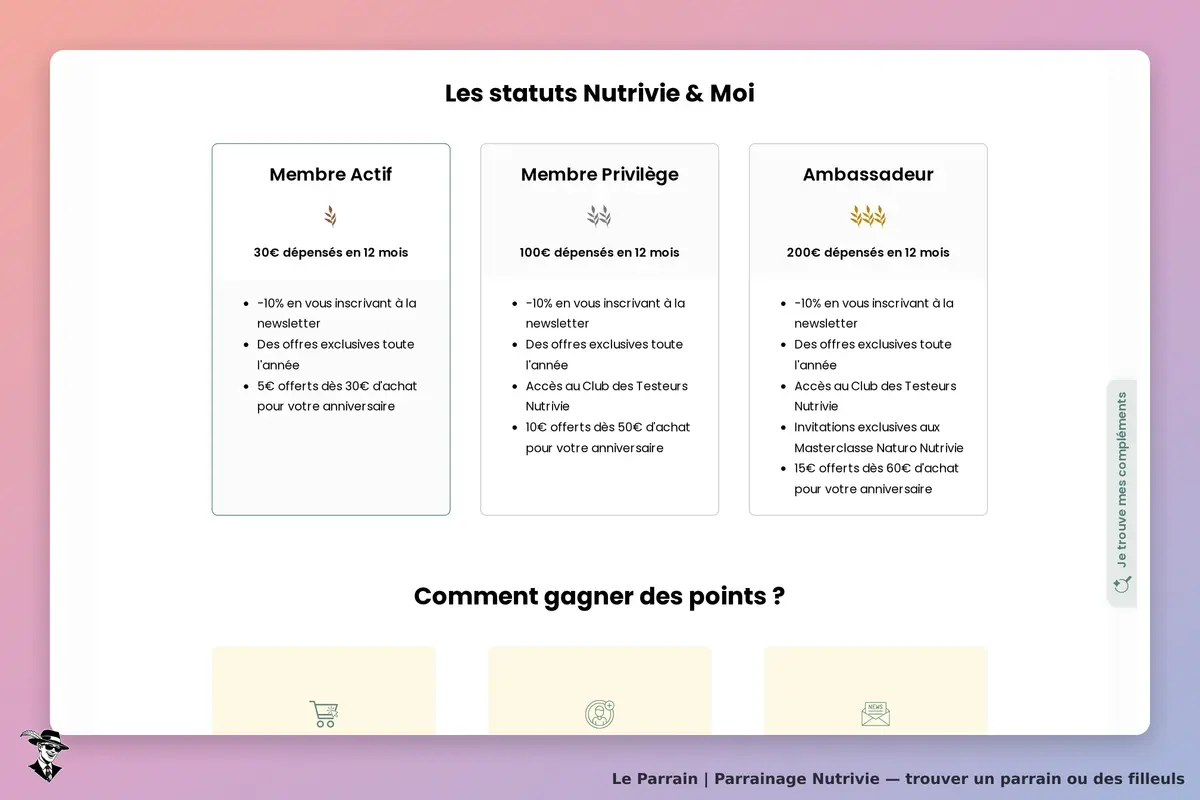 Nutrivie : présentation des statuts et avantages pour les membres sur la page d'accueil