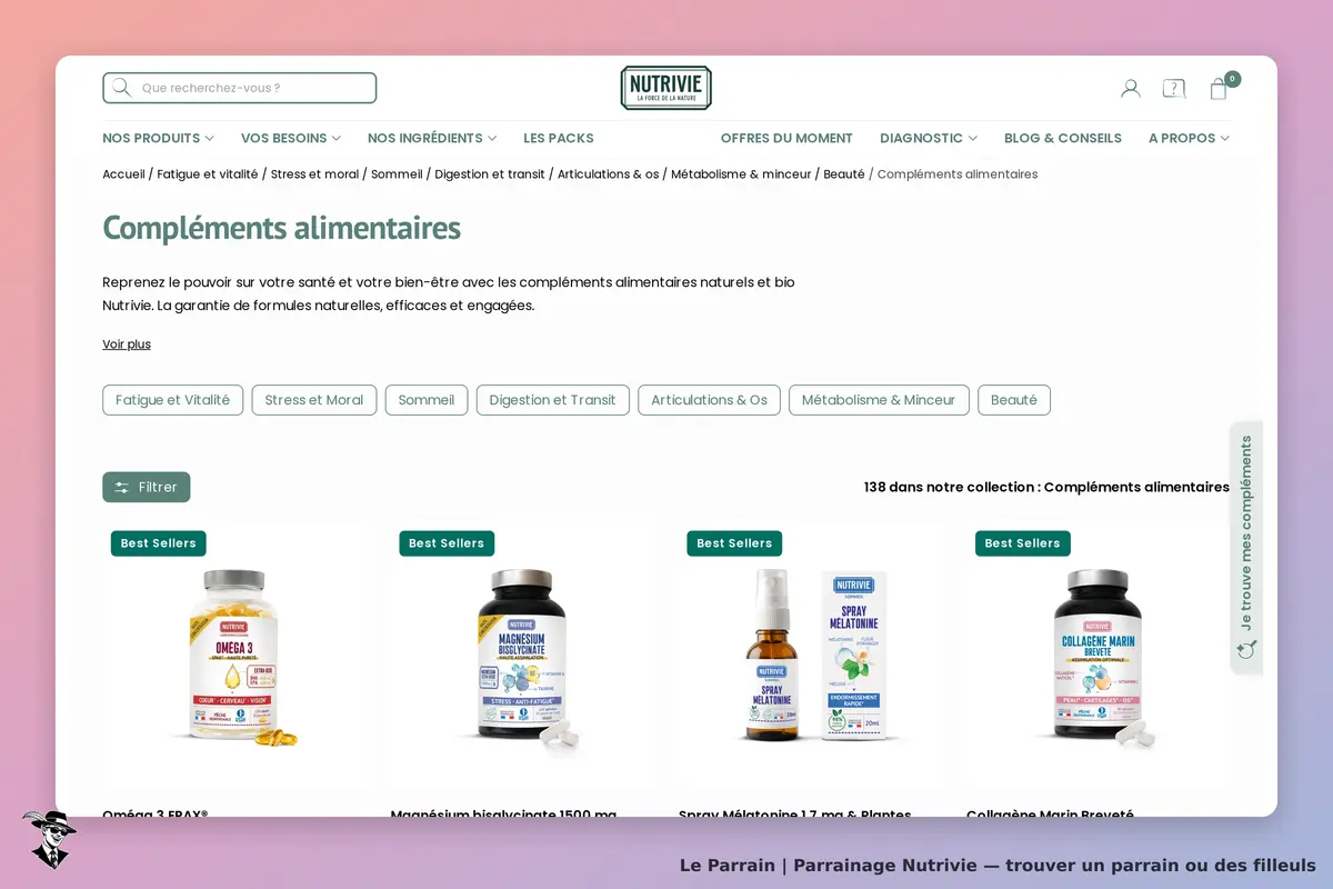 NUTRIVIE : page des compléments alimentaires avec plusieurs produits en vitrine