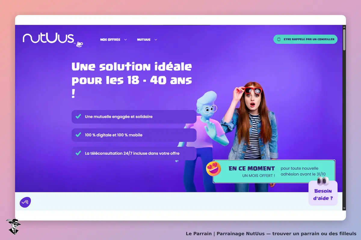 NutUus : page d'accueil avec un message sur les solutions pour les 18-40 ans et des illustrations