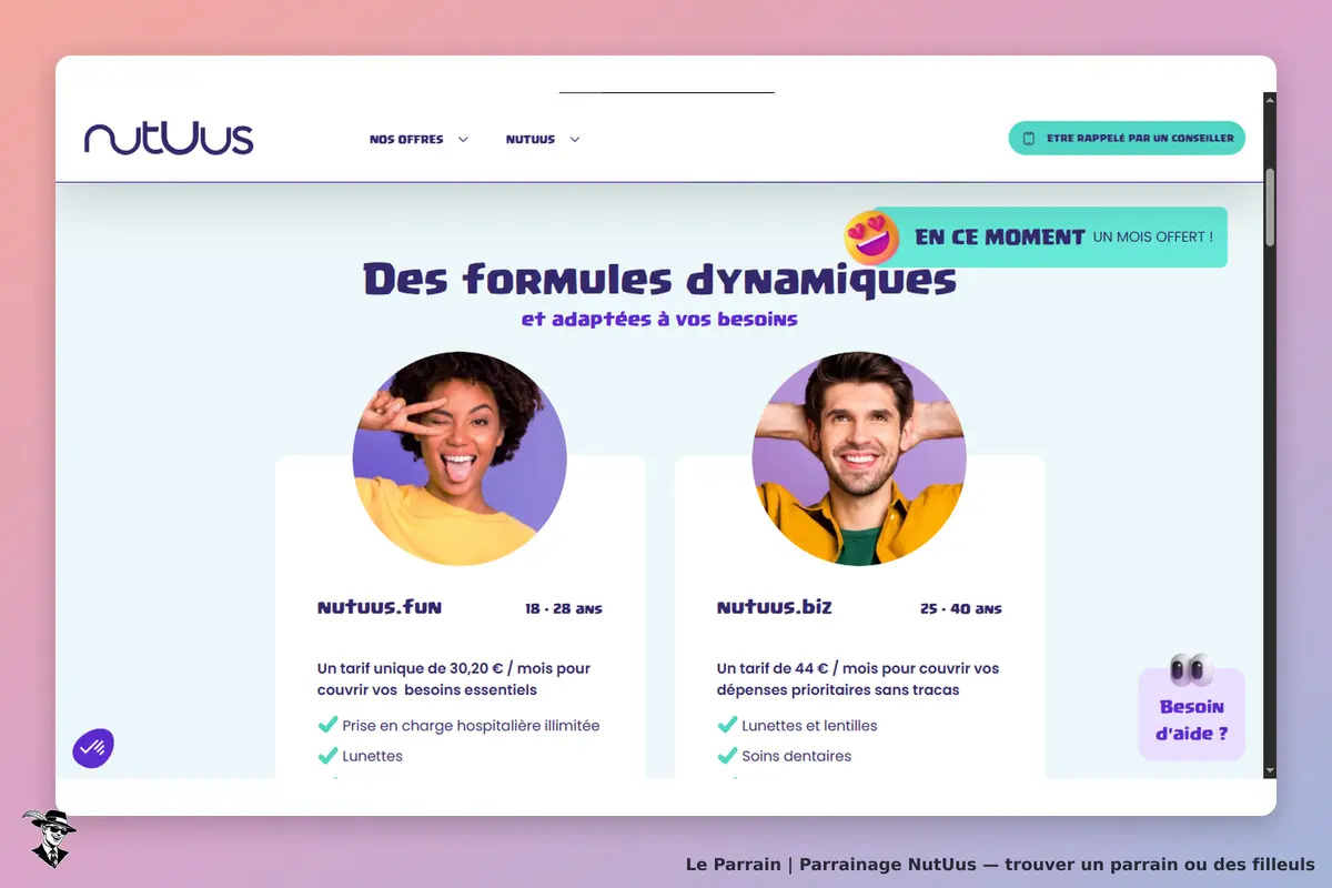 NutUus : page d'accueil présentant des formules avec deux jeunes adultes et des descriptions
