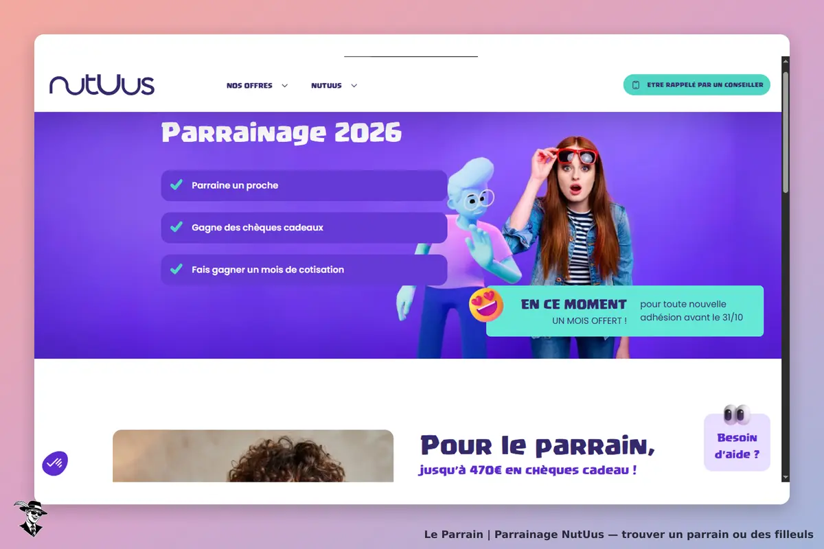 NutUus : page d'accueil avec un visuel coloré et des options de parrainage