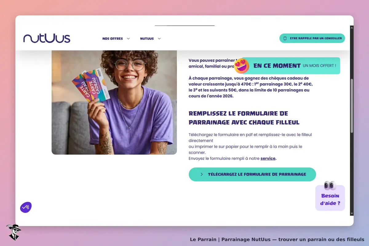 NutUus : page d'accueil avec une personne souriante tenant des cartes cadeaux et un formulaire