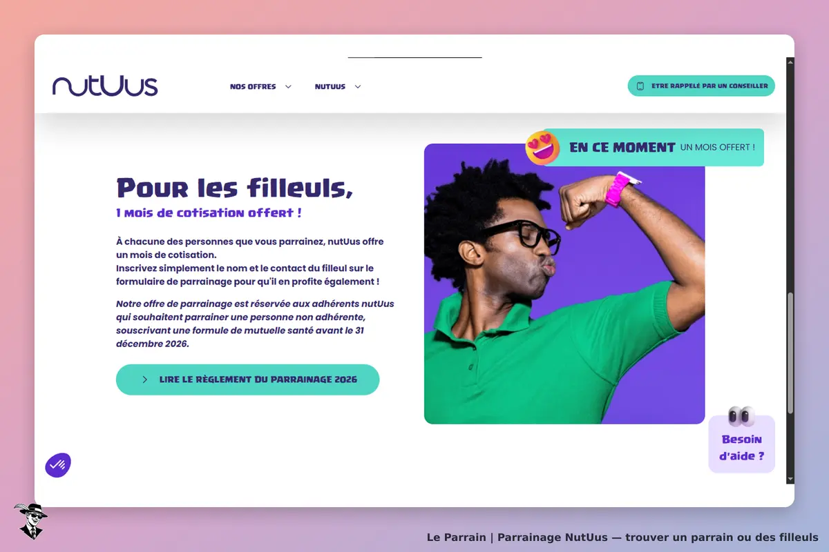 NutUus : page d'accueil avec un homme musclé et texte sur le parrainage et une offre