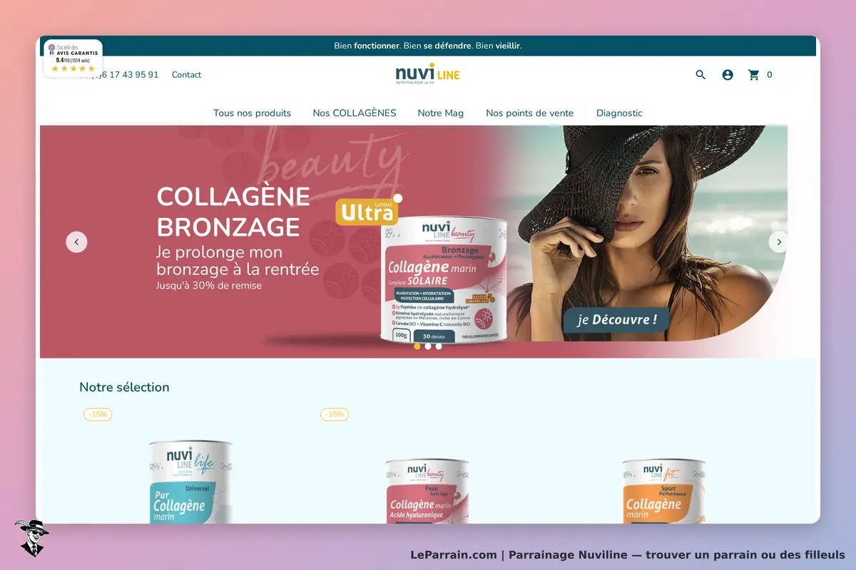 Nuviline : page d'accueil présentant des produits de collagène et une image de femme au chapeau