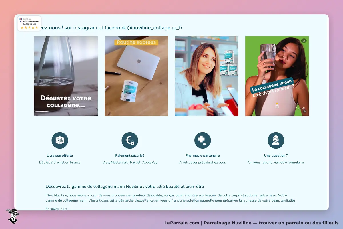 Nuviline : page d'accueil avec produits de collagène et informations sur livraison et paiement