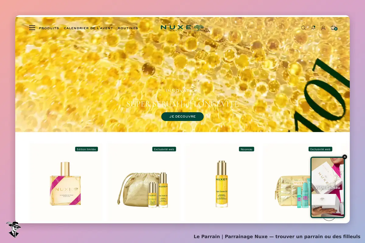 Nuxe : page d'accueil avec produits, sérum et visuel doré en arrière-plan