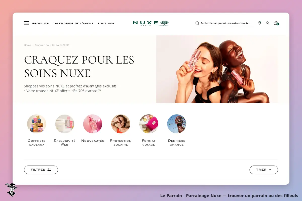 NUXE : page d'accueil avec des produits et un visuel de deux femmes souriantes tenant des flacons