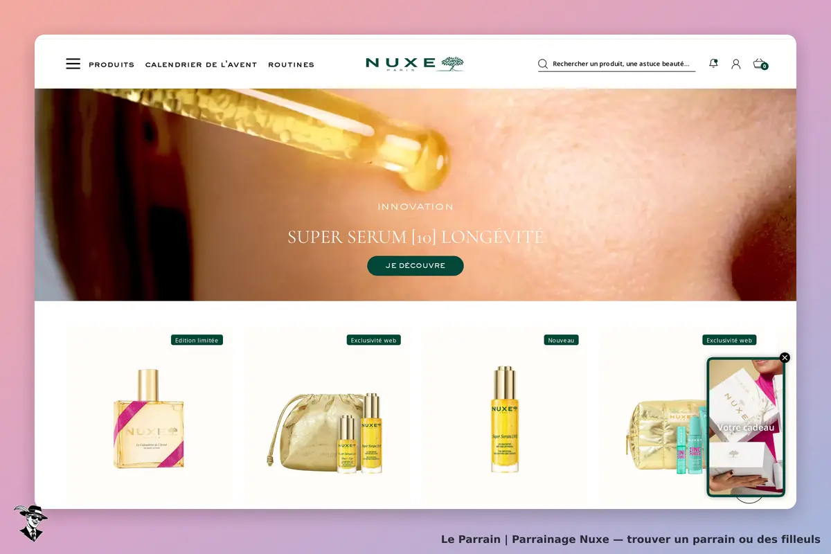 Nuxe : page d'accueil présentant le Super Sérum [10] Longévité et divers produits en dessous