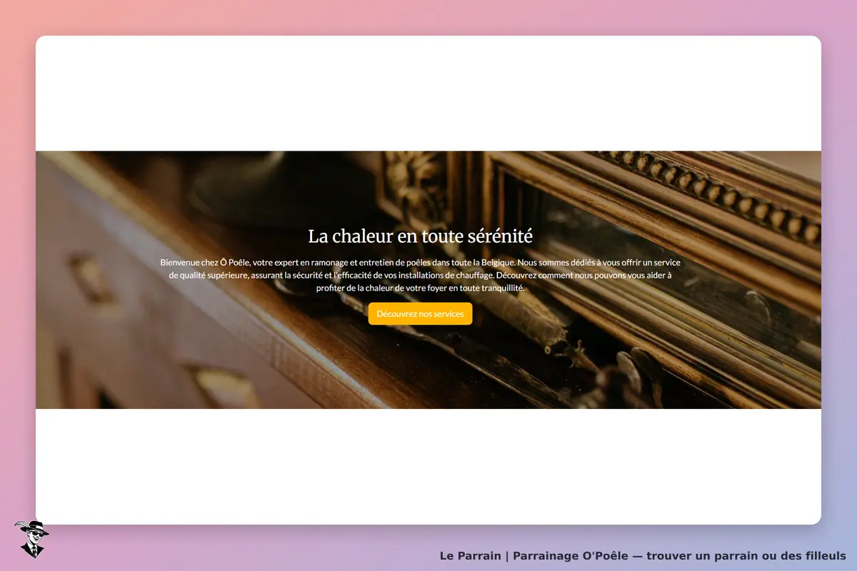 O'Poêle : page d'accueil avec un message sur la chaleur et un bouton pour découvrir les services
