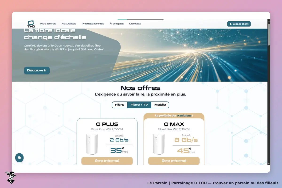 O THD : page d'accueil présentant les offres de fibre, Wifi 7 et produits associés
