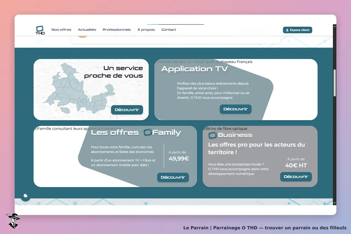 O THD : page d'accueil présentant des services, offres Family et Business, et une application TV