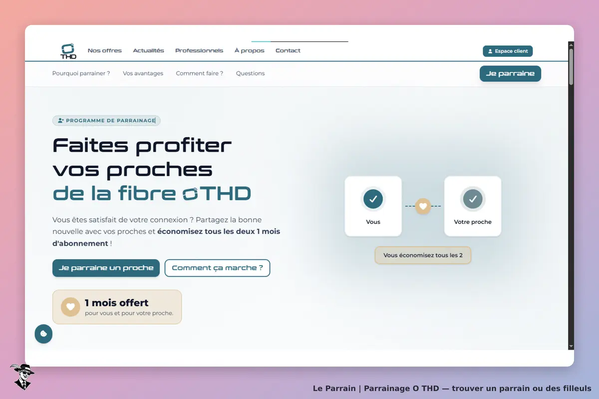 O THD : page d'accueil présentant le programme de parrainage et des options d'inscription